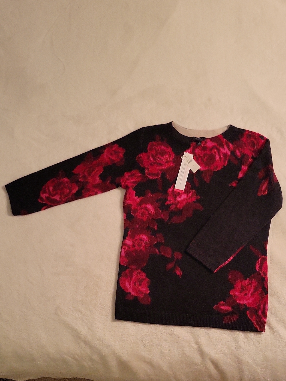 Talbots Black 3/4 Sleeve Cashmere Crewneck Sweater with Red Rose Print